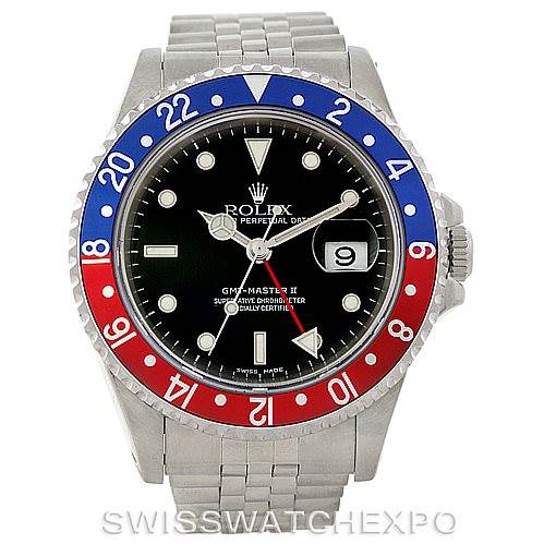 The image shows a front view of a Rolex GMT-Master 16710 Men's Stainless Steel Black Dial 16710 Men's Stainless Steel Black Dial II watch with a blue and red bezel.