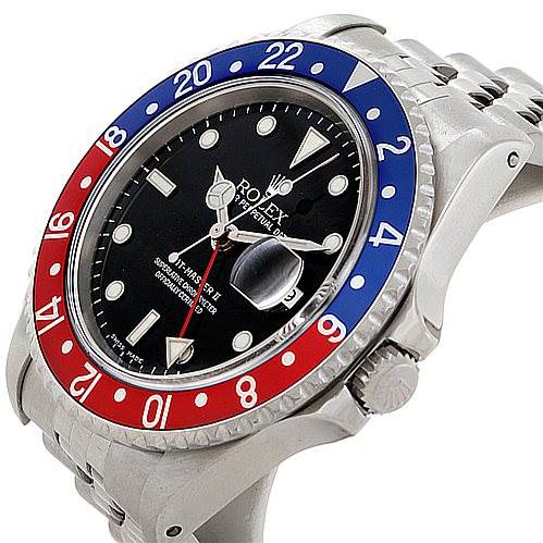 The Rolex GMT-Master 16710 Men's Stainless Steel Black Dial 16710 Men's Stainless Steel Black Dial watch is shown at an angle highlighting the bezel, crown, dial with markers, and part of the bracelet.