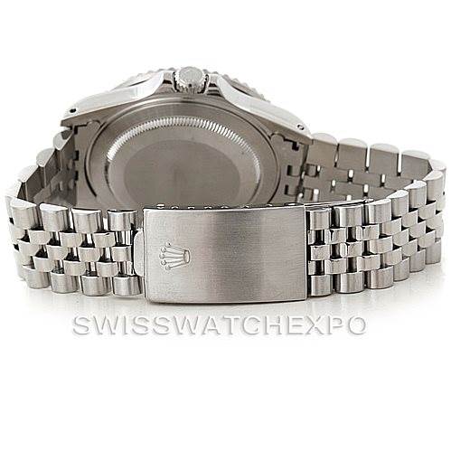 The image shows the back view of a Rolex GMT-Master 16710 Men's Stainless Steel Black Dial 16710 Men's Stainless Steel Black Dial watch, highlighting the case back and bracelet with the clasp featuring the Rolex logo.