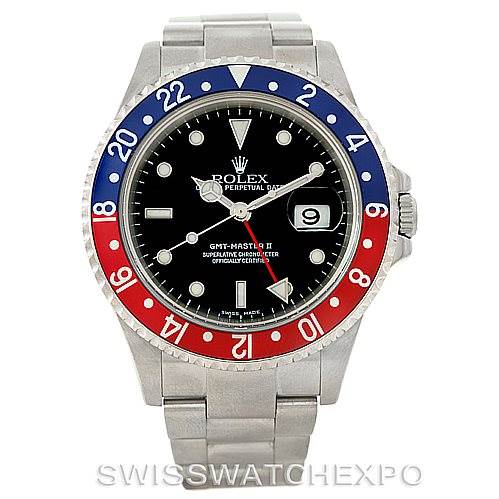 This image shows a frontal view of a Rolex GMT-Master 16710 Men's Stainless Steel Black Dial 16710 Men's Stainless Steel Black Dial watch with a black dial and a red and blue bezel.