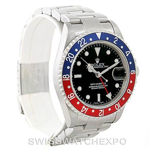 The image shows a side view of a Rolex GMT-Master 16710 Men's Stainless Steel Black Dial 16710 Men's Stainless Steel Black Dial watch, highlighting the bezel, dial, bracelet, and watch case.