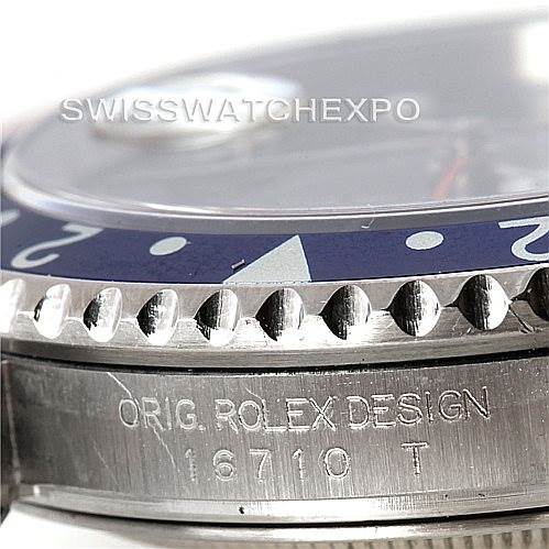 Close-up angle showing the bezel edge and case side with engravings of the Rolex GMT-Master 16710 Men's Stainless Steel Black Dial 16710 Men's Stainless Steel Black Dial model.