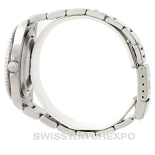 The Rolex GMT-Master 16710 Men's Stainless Steel Black Dial 16710 Men's Stainless Steel Black Dial watch is shown from a side angle, displaying its metal bracelet, crown, and part of the case.