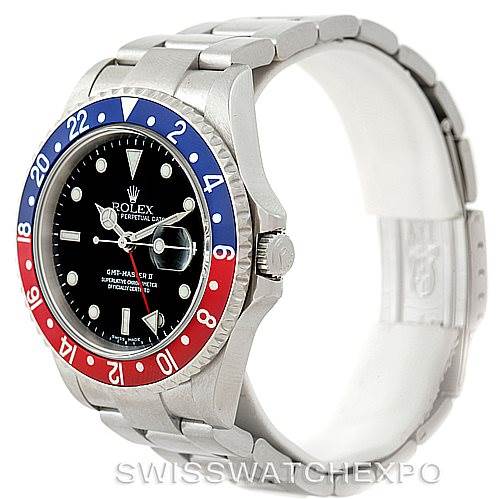 This image shows a side angle view of a Rolex GMT-Master 16710 Men's Stainless Steel Black Dial 16710 Men's Stainless Steel Black Dial watch, highlighting the bezel, dial, and part of the bracelet.