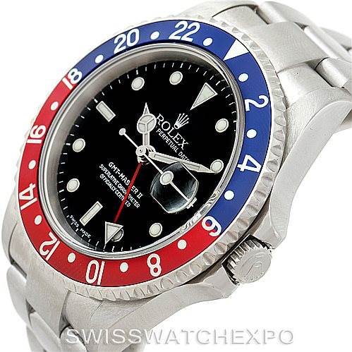 The image shows a close-up angled view of the Rolex GMT-Master 16710 Men's Stainless Steel Black Dial 16710 Men's Stainless Steel Black Dial watch, highlighting its bezel, crown, and part of the bracelet.
