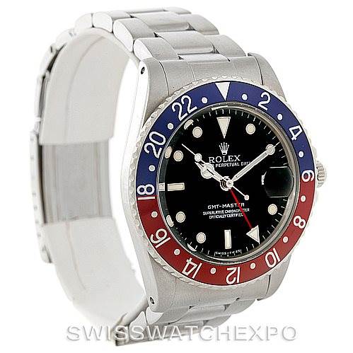 This image shows a Rolex GMT-Master 16750 Men's Stainless Steel Black Dial 16750 Men's Stainless Steel Black Dial watch from a front-side angle, highlighting the bezel, dial, and bracelet.