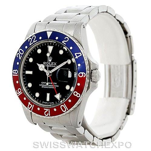 The image shows a Rolex GMT-Master 16750 Men's Stainless Steel Black Dial 16750 Men's Stainless Steel Black Dial watch from an angled front view, featuring its bezel, dial, case, and bracelet.