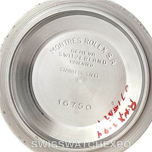 This image shows the inside case back of a Rolex GMT-Master 16750 Men's Stainless Steel Black Dial 16750 Men's Stainless Steel Black Dial watch, detailing the model number 16750.