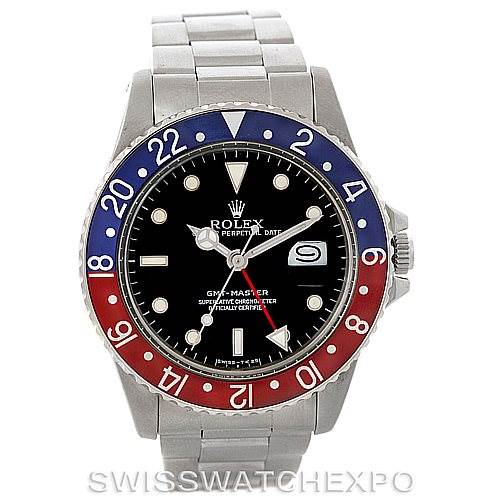 The image shows a front view of the Rolex GMT-Master 16750 Men's Stainless Steel Black Dial 16750 Men's Stainless Steel Black Dial watch, highlighting its red and blue bezel, black dial, and stainless steel bracelet.
