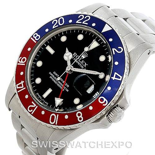 The image shows a Rolex GMT-Master 16750 Men's Stainless Steel Black Dial 16750 Men's Stainless Steel Black Dial watch at an angled view, highlighting its bezel, dial, crown, and bracelet.