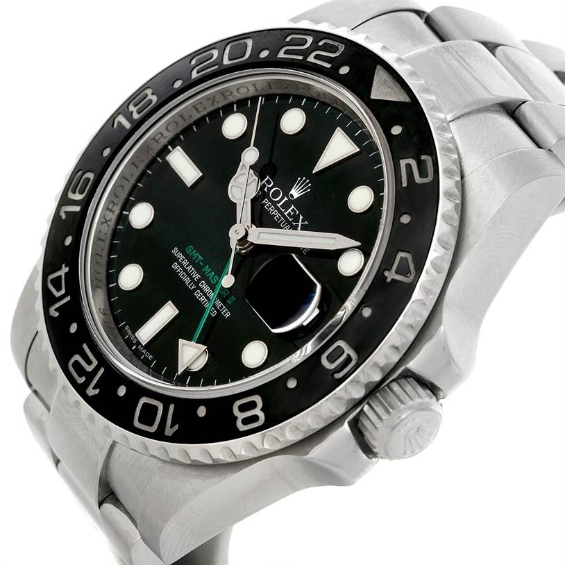 The image shows a close-up view of the Rolex GMT-Master 116710 Men
s Stainless Steel Black Dial 116710 Men
s Stainless Steel Black Dial watch
s face, bezel, crown, and part of the bracelet.