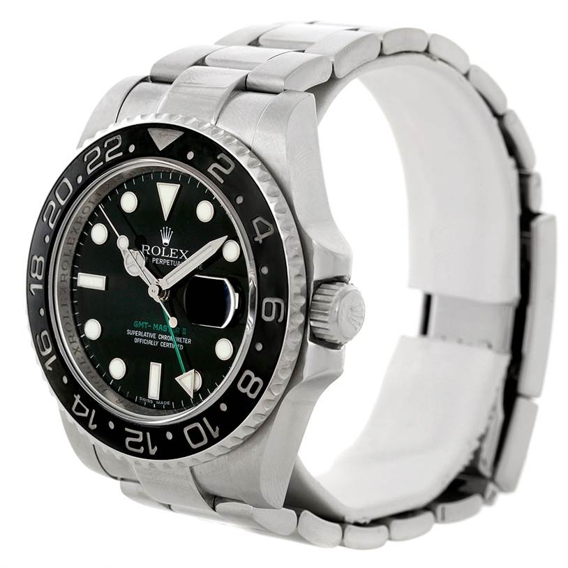 The Rolex GMT-Master 116710 Men
s Stainless Steel Black Dial 116710 Men
s Stainless Steel Black Dial watch is shown at an angled view displaying the face, bezel, crown, and part of its bracelet.