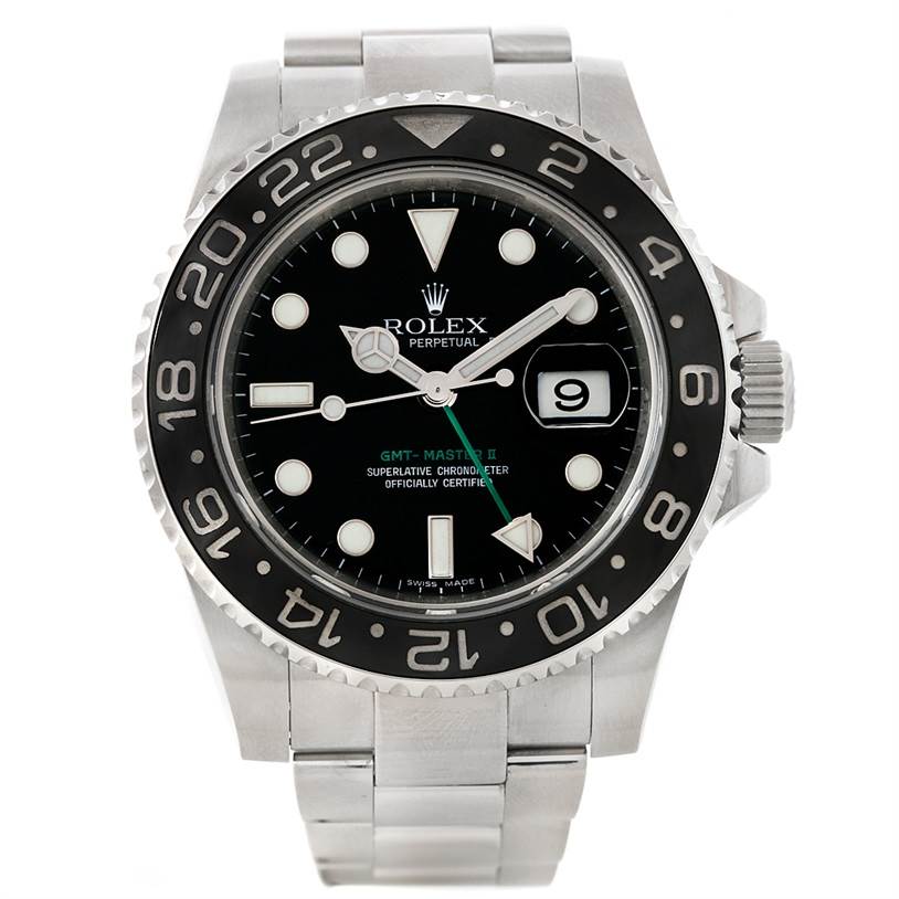 The Rolex GMT-Master 116710 Men
s Stainless Steel Black Dial 116710 Men
s Stainless Steel Black Dial watch is shown from the front, displaying the face, bezel, hands, and bracelet.