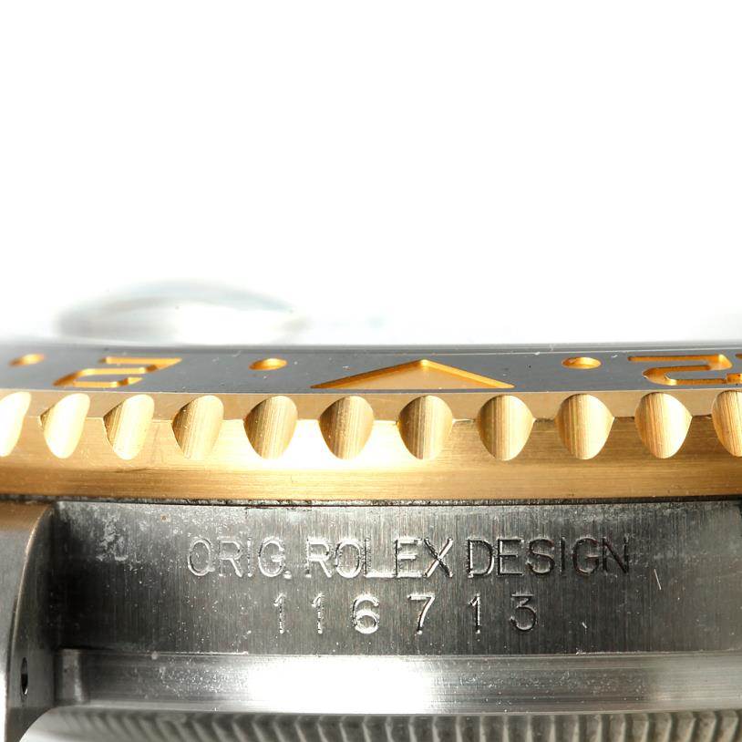 The image shows a close-up side view of the case and bezel of a Rolex GMT-Master 116713 Men's Stainless Steel Black Dial 116713 Men's Stainless Steel Black Dial with the model number 116713.