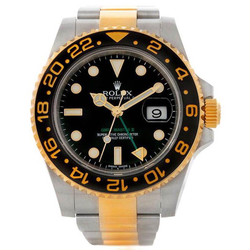 Rolex GMT Master II Mens 18k Gold Steel Watch 116713 SwissWatchExpo