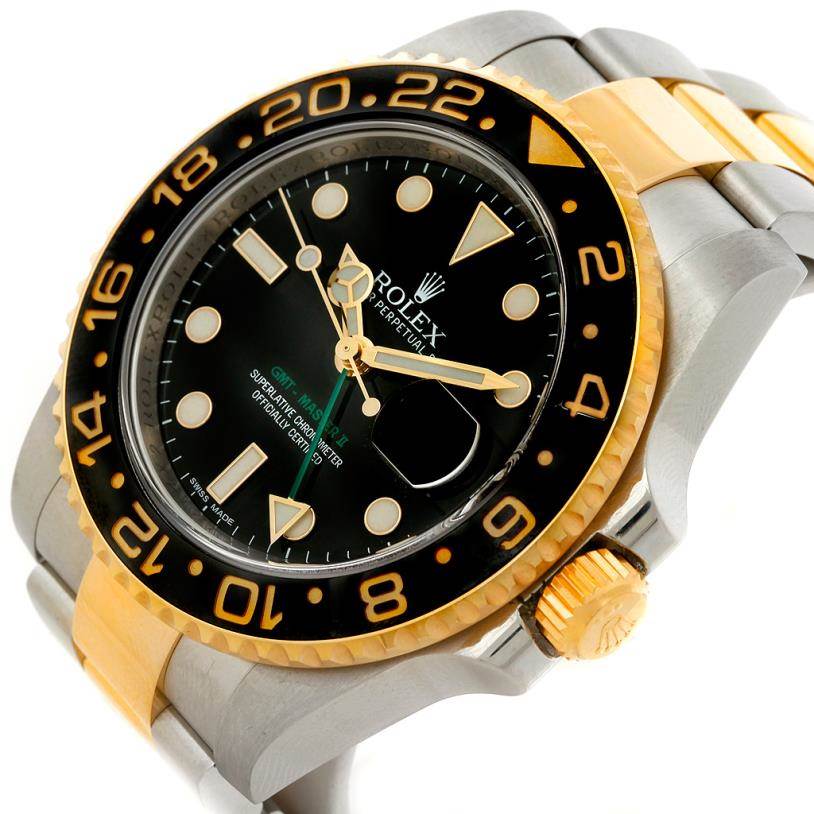 The Rolex GMT-Master 116713 Men's Stainless Steel Black Dial 116713 Men's Stainless Steel Black Dial watch is shown from a front angle displaying the dial, bezel, crown, and part of the bracelet.