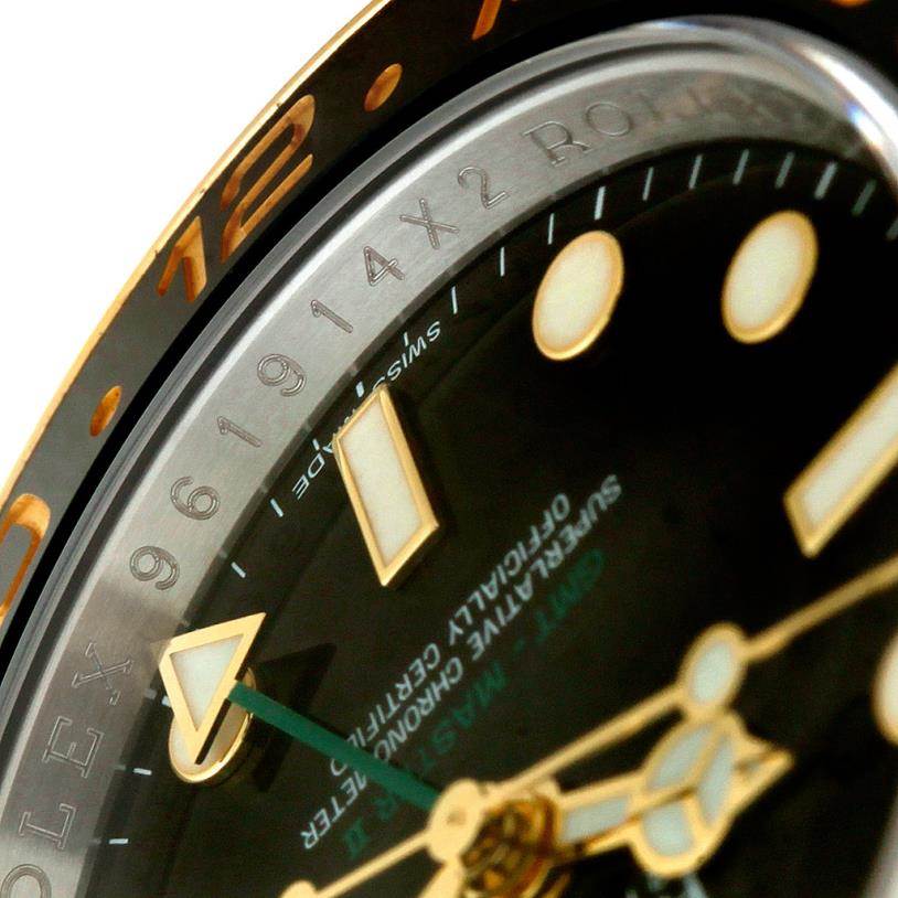The close-up angle shows the dial, indices, hands, and partial bezel of the Rolex GMT-Master 116713 Men's Stainless Steel Black Dial 116713 Men's Stainless Steel Black Dial watch.