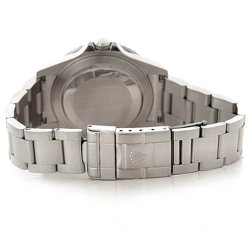 The image shows the back of a Rolex GMT-Master 16710 Men
s Stainless Steel Black Dial 16710 Men
s Stainless Steel Black Dial watch highlighting its clasp and bracelet.