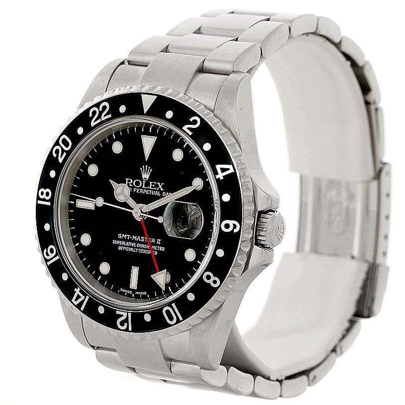 The image shows a Rolex GMT-Master 16710 Men
s Stainless Steel Black Dial 16710 Men
s Stainless Steel Black Dial watch at a slight angle, highlighting the face, bezel, crown, and partially opened bracelet.