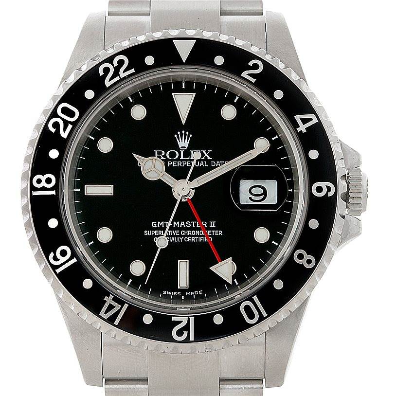 The image shows a front view of a Rolex GMT-Master 16710 Men
s Stainless Steel Black Dial 16710 Men
s Stainless Steel Black Dial II watch, highlighting the face, bezel, hands, and date window.