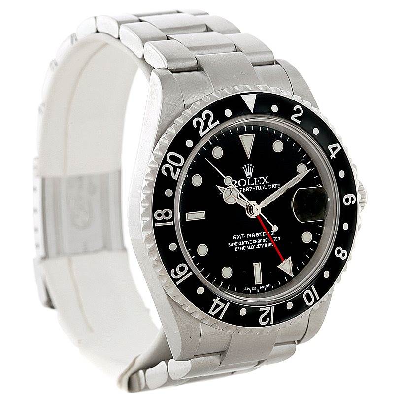 The image shows a front angled view of a Rolex GMT-Master 16710 Men
s Stainless Steel Black Dial 16710 Men
s Stainless Steel Black Dial II watch, focusing on the dial, bezel, and bracelet.