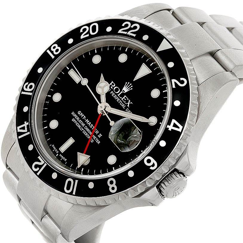 This Rolex GMT-Master 16710 Men
s Stainless Steel Black Dial 16710 Men
s Stainless Steel Black Dial model is shown at a three-quarter angle, highlighting the face, bezel, crown, and part of the band.