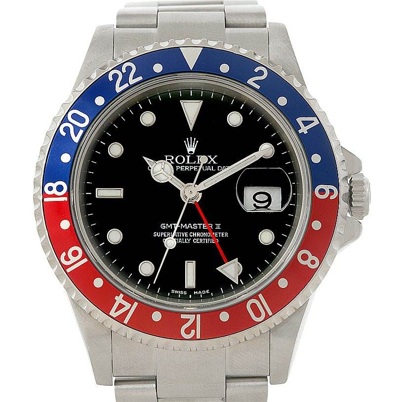 The image shows a front view of the Rolex GMT-Master 16710 Men's Stainless Steel Black Dial 16710 Men's Stainless Steel Black Dial II watch, featuring its bezel, dial, and bracelet.