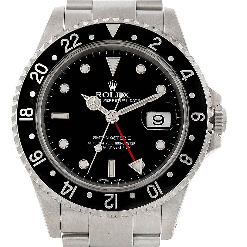 The image shows a front view of a Rolex GMT-Master 16710 Men
s Stainless Steel Black Dial 16710 Men
s Stainless Steel Black Dial II watch, highlighting its face, bezel, hands, and bracelet.