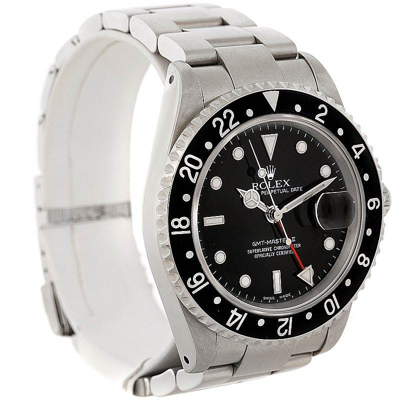 The image shows a side-angle view of the Rolex GMT-Master 16710 Men
s Stainless Steel Black Dial 16710 Men
s Stainless Steel Black Dial watch, highlighting its bezel, dial, and part of the bracelet.
