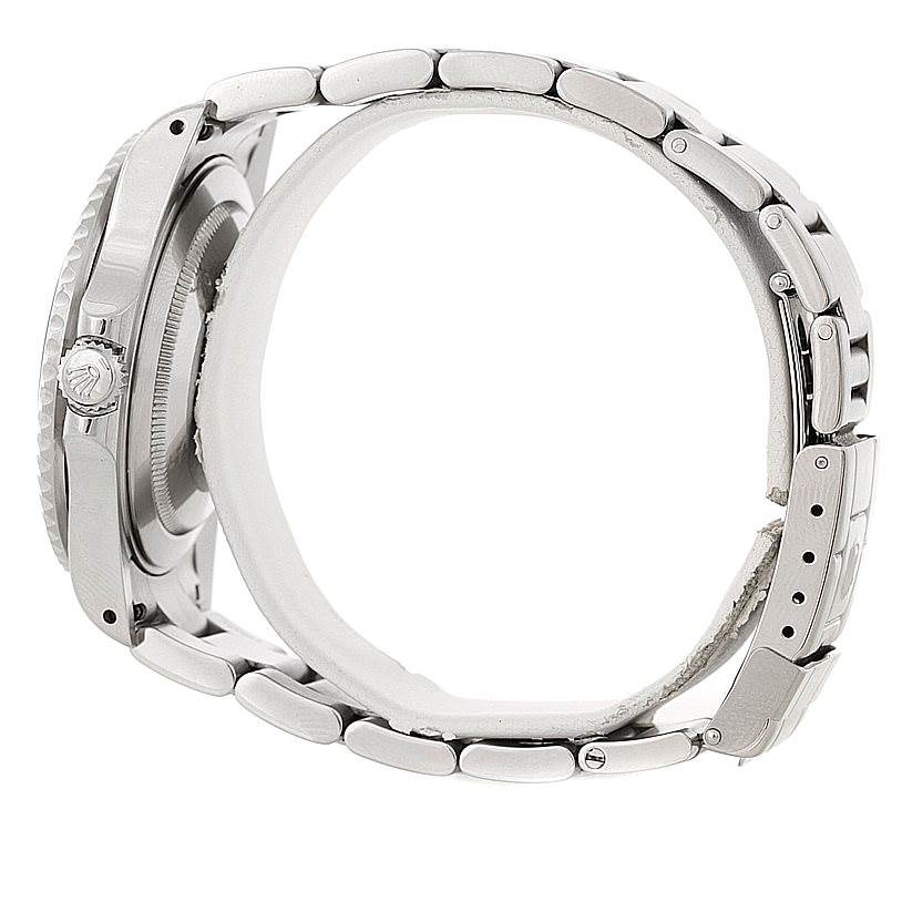 The image shows a side view of the Rolex GMT-Master 16710 Men
s Stainless Steel Black Dial 16710 Men
s Stainless Steel Black Dial watch, highlighting the bezel, crown, and bracelet.