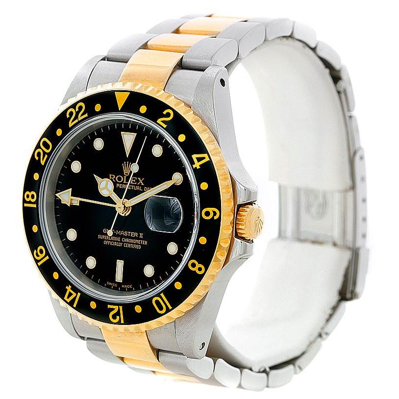 This image shows a close-up, angled view of the Rolex GMT-Master 16713 Men's Stainless Steel Black Dial 16713 Men's Stainless Steel Black Dial II watch, highlighting the bezel, dial, and bracelet.