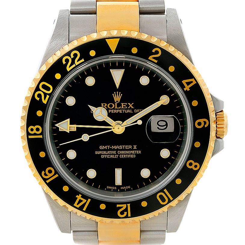 This Rolex GMT-Master 16713 Men's Stainless Steel Black Dial 16713 Men's Stainless Steel Black Dial II watch is shown from a front angle, displaying the dial, bezel, crown, and part of the bracelet.