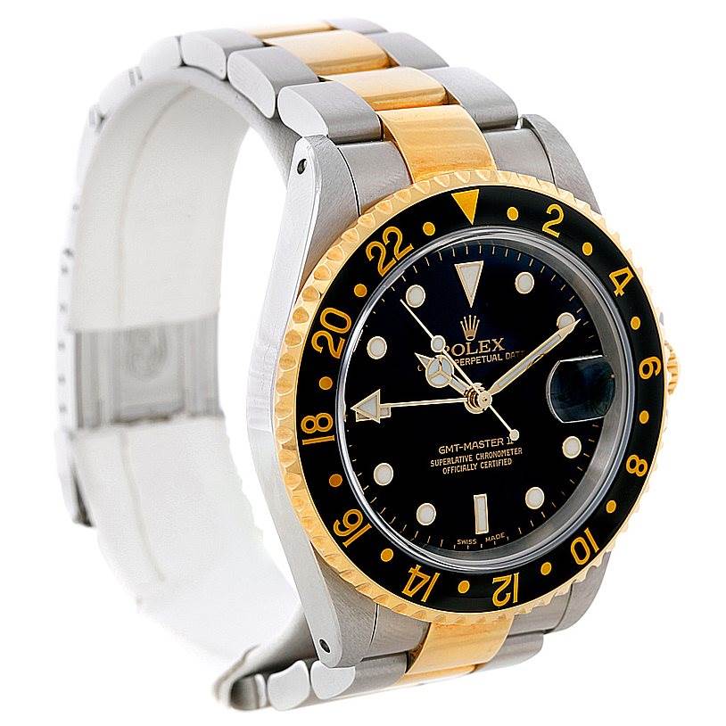 This image shows a front-side angle of a Rolex GMT-Master 16713 Men's Stainless Steel Black Dial 16713 Men's Stainless Steel Black Dial watch, displaying its bezel, dial, and bracelet.
