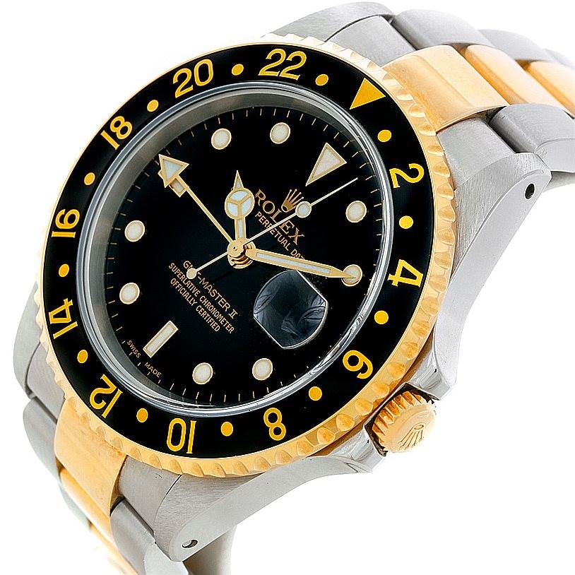 The image shows a close-up angled view of the Rolex GMT-Master 16713 Men's Stainless Steel Black Dial 16713 Men's Stainless Steel Black Dial watch, highlighting the bezel, dial, and part of the bracelet.