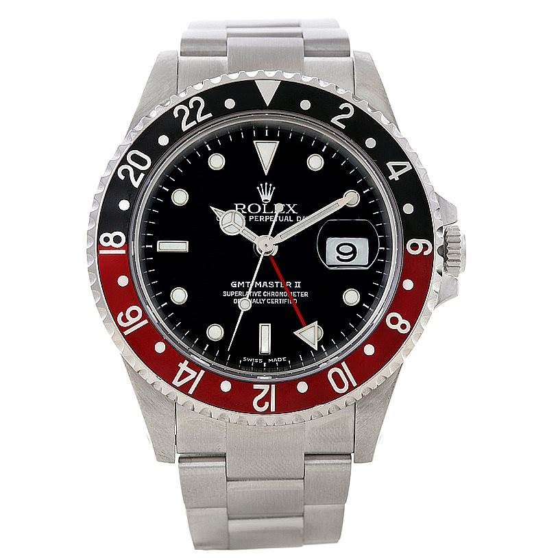 The Rolex GMT-Master 16710 Men's Stainless Steel Black Dial 16710 Men's Stainless Steel Black Dial watch is shown from a front angle, displaying its bezel, dial, hands, date window, and bracelet.