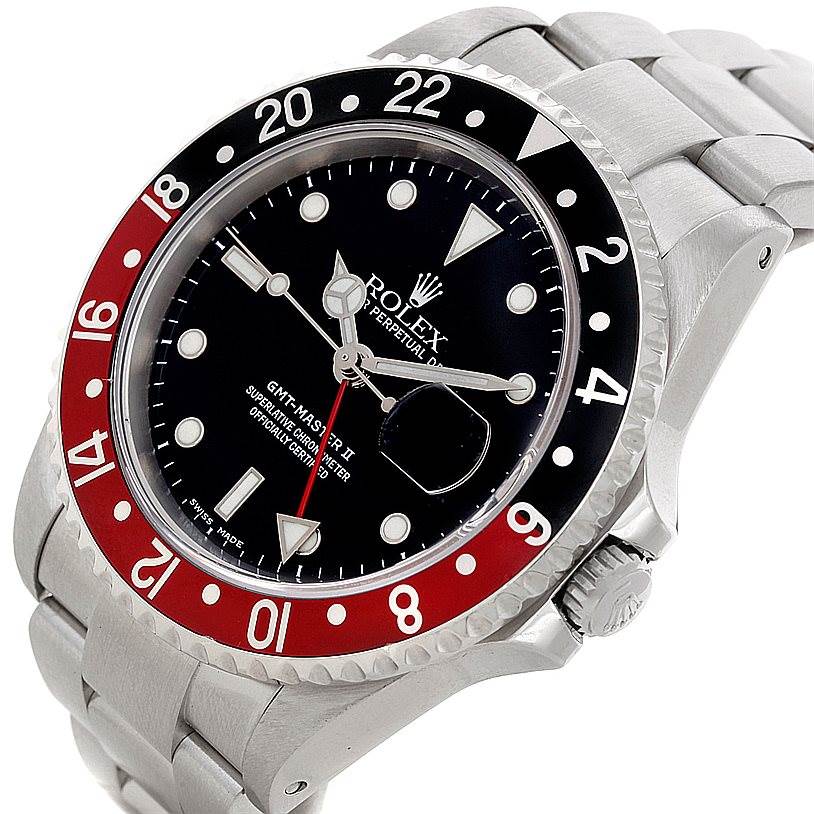 This image shows a close-up view of the dial, bezel, crown, and bracelet of a Rolex GMT-Master 16710 Men's Stainless Steel Black Dial 16710 Men's Stainless Steel Black Dial watch model.