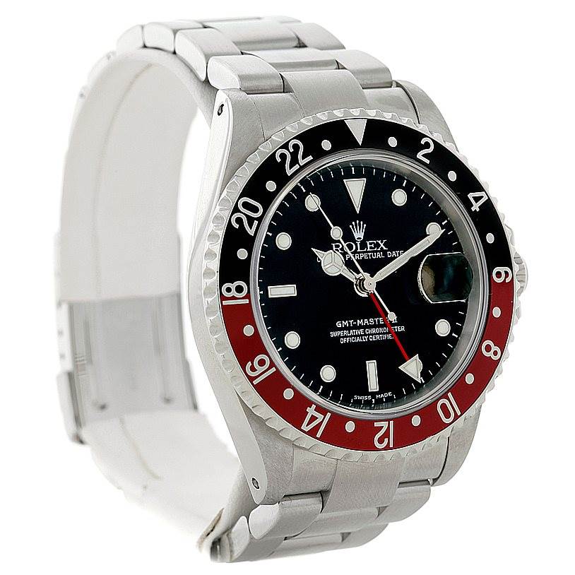 The image shows a side angle of the Rolex GMT-Master 16710 Men's Stainless Steel Black Dial 16710 Men's Stainless Steel Black Dial watch, highlighting the bezel, dial, and part of the bracelet.