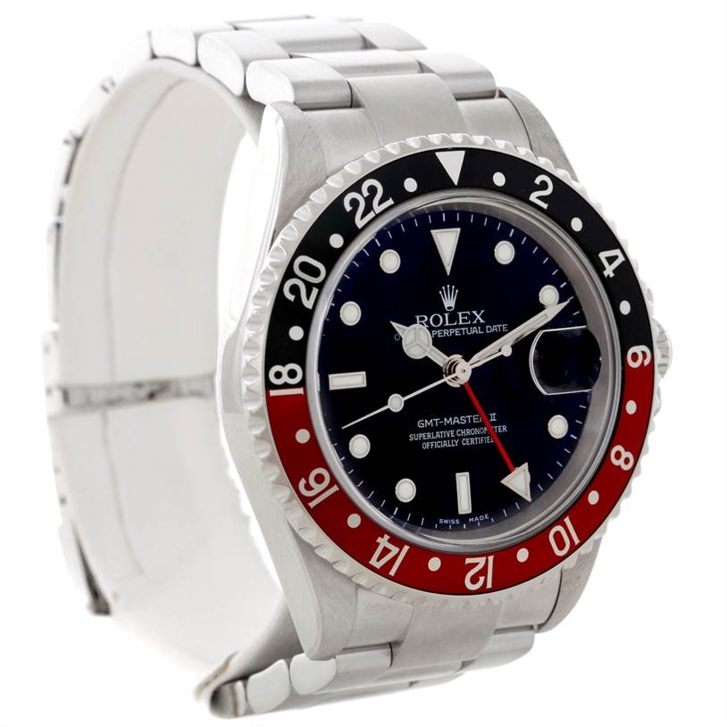 This image shows a front angle of a Rolex GMT-Master 16710 Men's Stainless Steel Black Dial 16710 Men's Stainless Steel Black Dial watch displaying the dial, bezel, and part of the bracelet.
