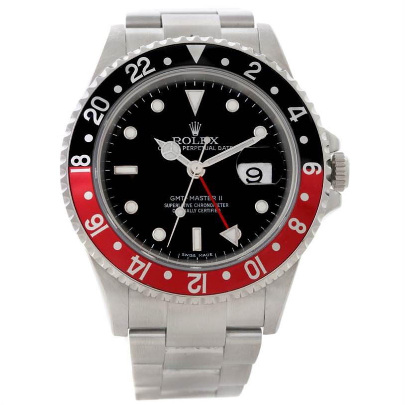 The Rolex GMT-Master 16710 Men's Stainless Steel Black Dial 16710 Men's Stainless Steel Black Dial watch is shown from the front, highlighting its dial, bezel, and bracelet.