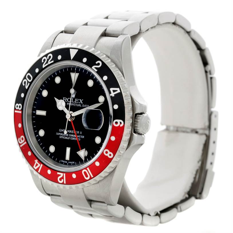 This image shows a front-facing view of a Rolex GMT-Master 16710 Men's Stainless Steel Black Dial 16710 Men's Stainless Steel Black Dial II watch, highlighting its bezel, dial, and bracelet.