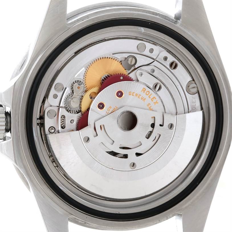 The image shows the movement and inner mechanism of a Rolex GMT-Master 16710 Men's Stainless Steel Black Dial 16710 Men's Stainless Steel Black Dial watch from the back view.