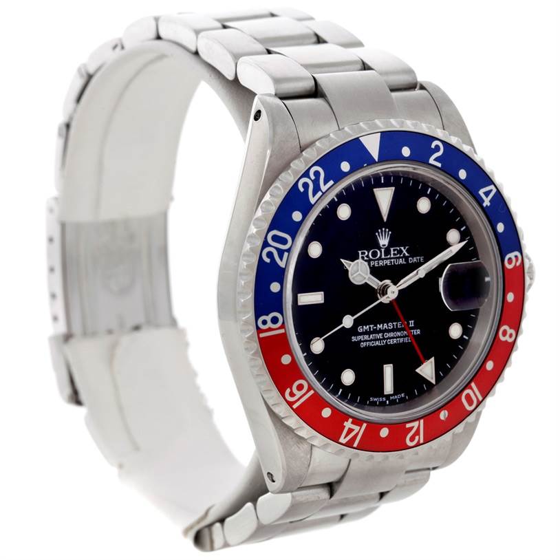 This image shows a Rolex GMT-Master 16710 Men's Stainless Steel Black Dial 16710 Men's Stainless Steel Black Dial watch, angled from the upper left, highlighting the bezel, dial, hands, and bracelet.