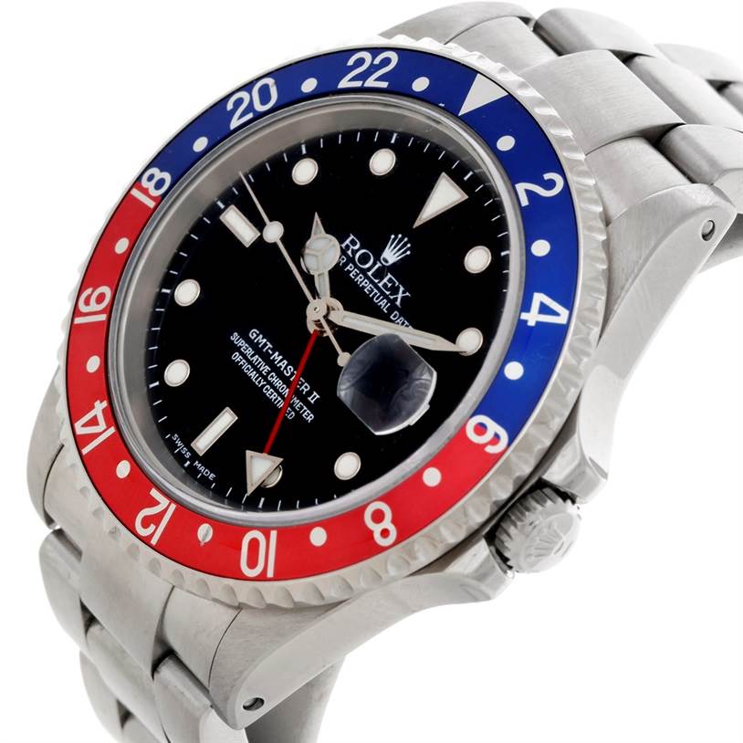 The image shows a close-up of the dial, bezel, crown, and bracelet of a Rolex GMT-Master 16710 Men's Stainless Steel Black Dial 16710 Men's Stainless Steel Black Dial II watch at an angled view.