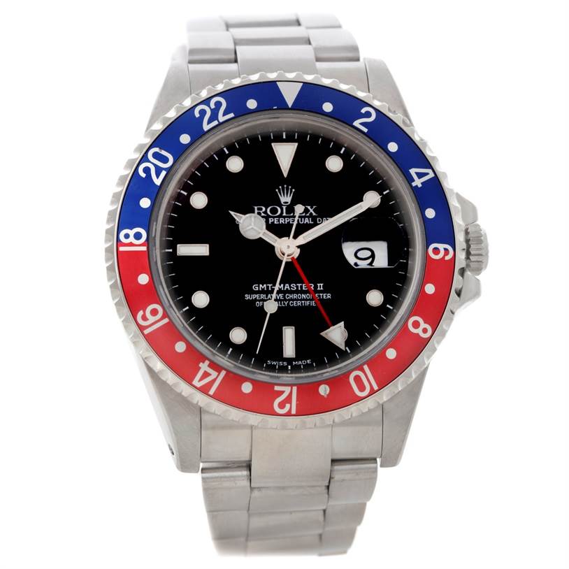This image shows a front view of a Rolex GMT-Master 16710 Men's Stainless Steel Black Dial 16710 Men's Stainless Steel Black Dial II watch with 'Pepsi' bezel, black dial, and stainless steel bracelet.