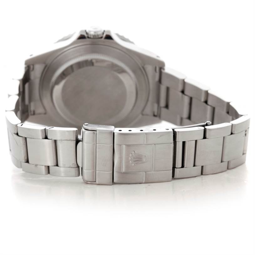 The image shows the back side of the Rolex GMT-Master 16710 Men's Stainless Steel Black Dial 16710 Men's Stainless Steel Black Dial watch, highlighting the clasp, bracelet, and case back.