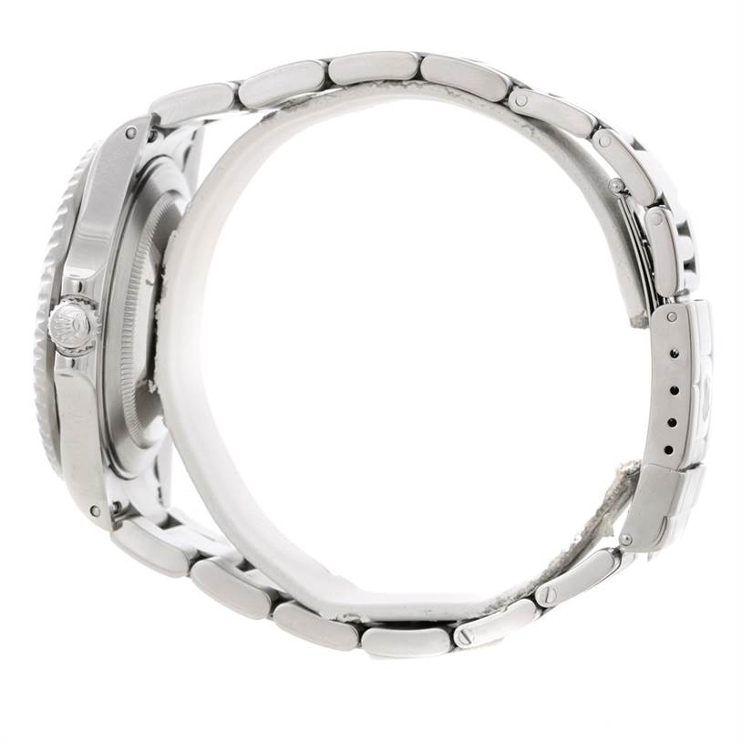 This image shows the side view of a Rolex GMT-Master 16710 Men's Stainless Steel Black Dial 16710 Men's Stainless Steel Black Dial watch, highlighting the case, crown, and bracelet.