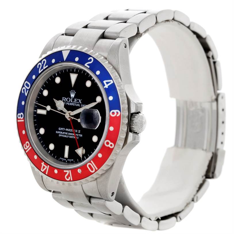 The Rolex GMT-Master 16710 Men's Stainless Steel Black Dial 16710 Men's Stainless Steel Black Dial watch is shown at a 3 o'clock angle, featuring its face, bezel, and bracelet.