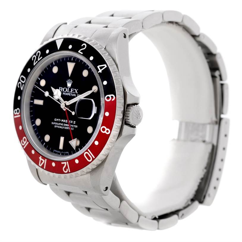 The image shows a side angle of a Rolex GMT-Master 16710 Men's Stainless Steel Black Dial 16710 Men's Stainless Steel Black Dial II watch displaying the bezel, crown, dial, and part of the bracelet.