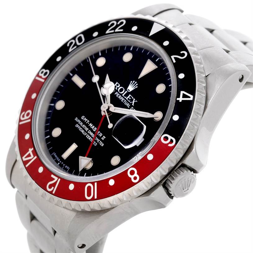 This image shows an angled view of the Rolex GMT-Master 16710 Men's Stainless Steel Black Dial 16710 Men's Stainless Steel Black Dial II watch, highlighting the bezel, dial, and crown.