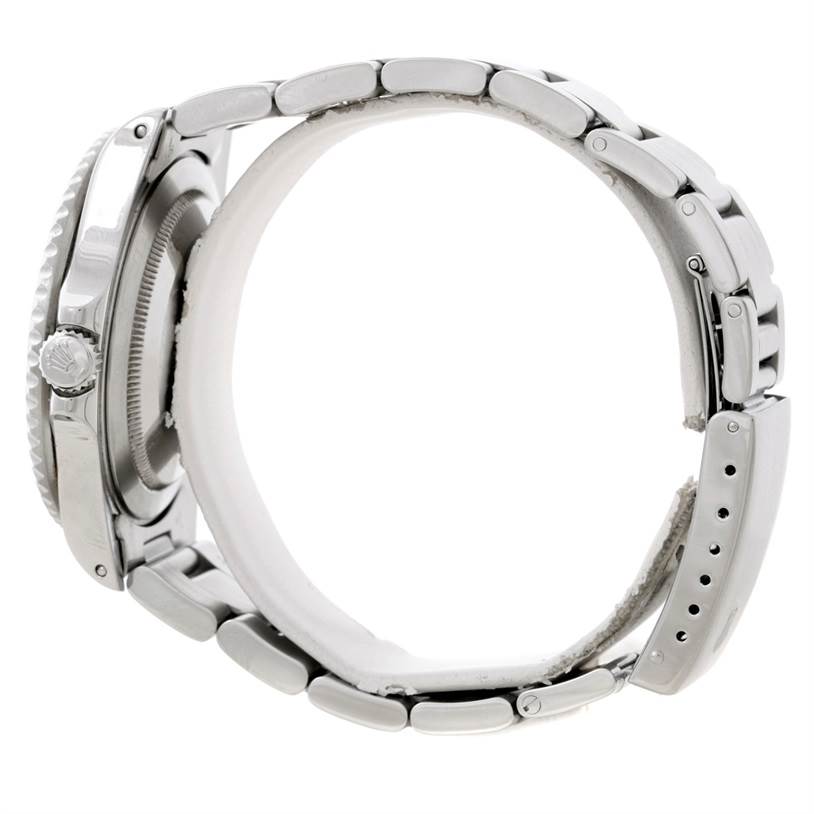 The image shows a side view of the Rolex GMT-Master 16710 Men's Stainless Steel Black Dial 16710 Men's Stainless Steel Black Dial watch, prominently featuring the bracelet and case.